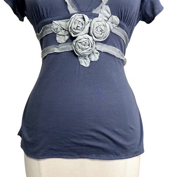 Deletta Coquette Cottage Core Tie Back Blue Rose Blouse - Picture 2 of 11